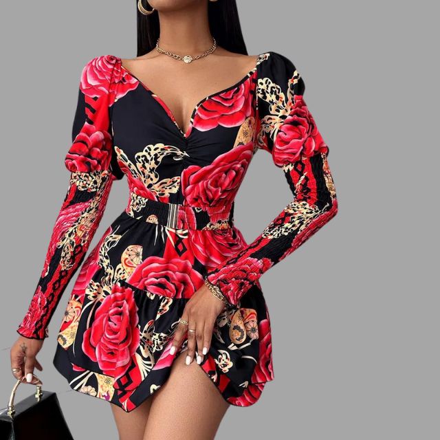 Gebloemde jurk Criselle met V-hals en pofmouwen