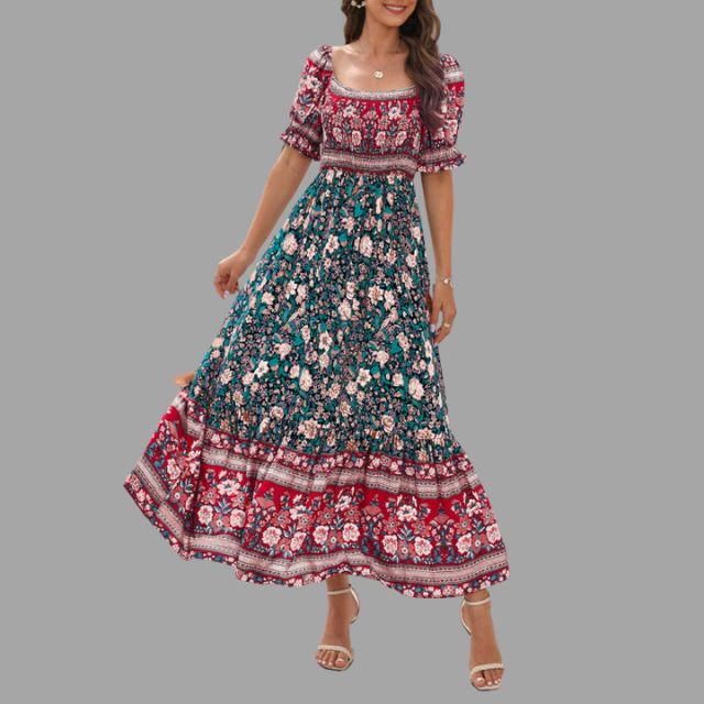 Boho maxi jurk met bloemenpatroon en off-the-shoulder snit