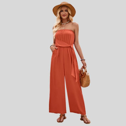 Off-the-shoulder jumpsuit met tailleband