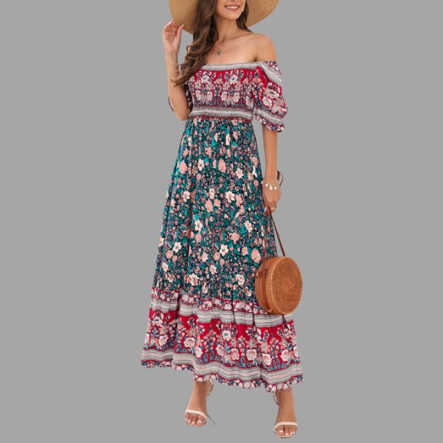 Boho maxi jurk met bloemenpatroon en off-the-shoulder snit