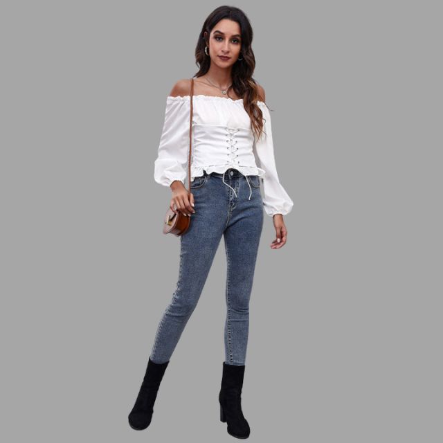 Off-the-shoulder blouse met kanten voorkant