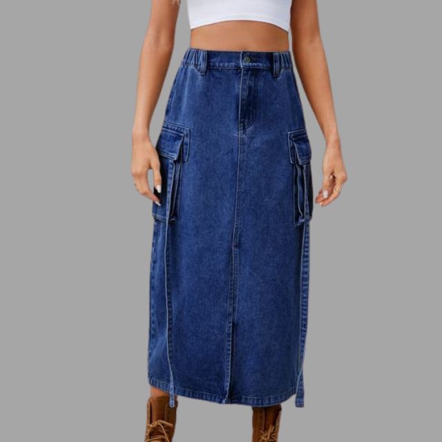 Denim rok met hoge taille en split