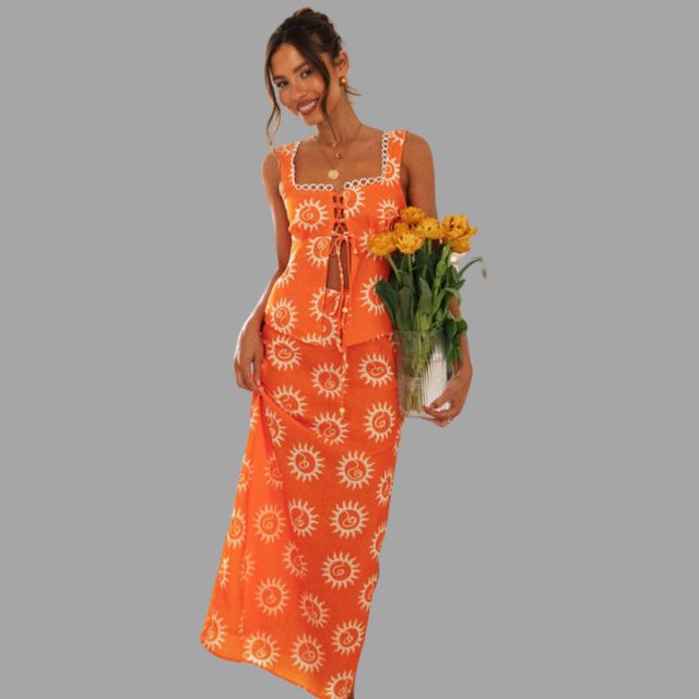 Boho chic maxi jurk en topje met zonnestralen print