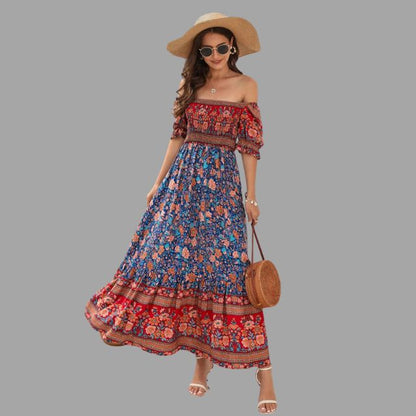 Boho maxi jurk met bloemenpatroon en off-the-shoulder snit