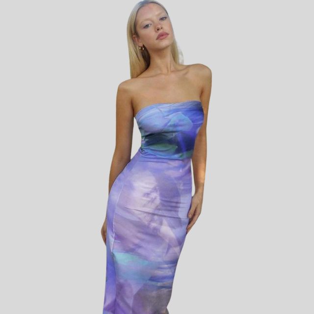 Strapless maxi-jurk met aquarelprint