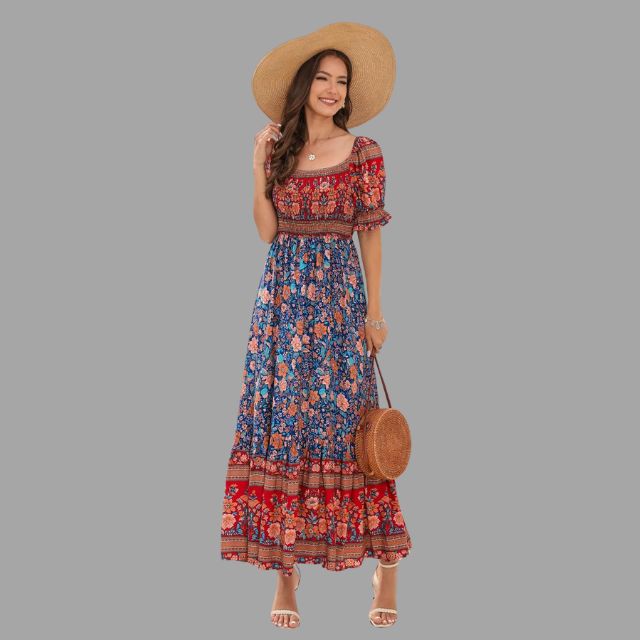 Boho maxi jurk met bloemenpatroon en off-the-shoulder snit