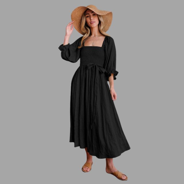 Midi-jurk met gesmokte bovenkant en ballonmouwen