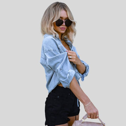 Denim blouse met stropdas aan de voorkant