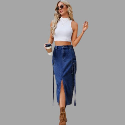 Denim rok met hoge taille en split