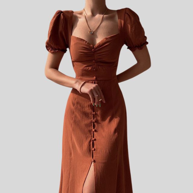 Midi-jurk met pofmouwen, knoopsluiting en split in de zoom