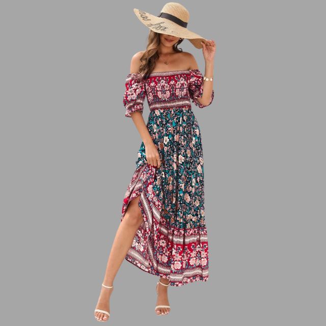 Boho maxi jurk met bloemenpatroon en off-the-shoulder snit