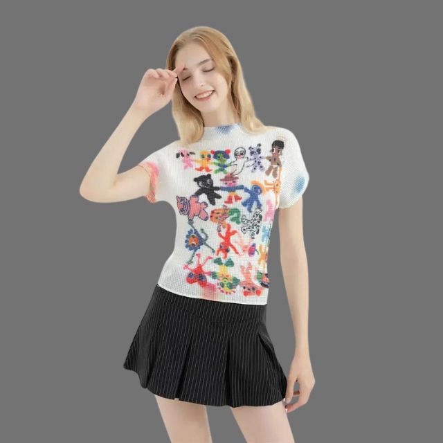 Gebreide top met vintage patroon en hoge halslijn