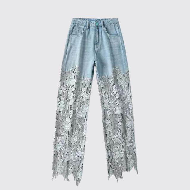 Broek van denim met hoge taille en kanten details