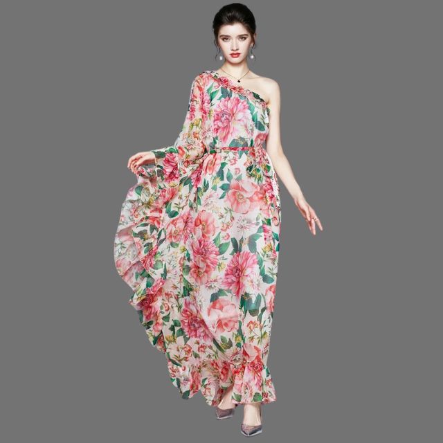 Gebloemde off-the-shoulder maxi-jurk met elastiek in de taille