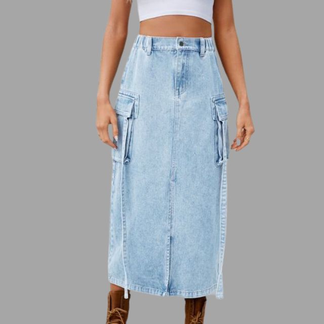 Denim rok met hoge taille en split