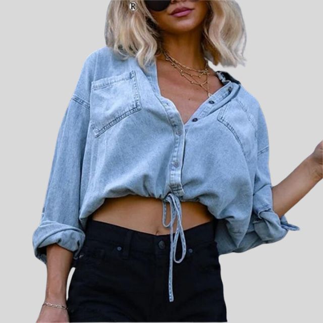 Denim blouse met stropdas aan de voorkant