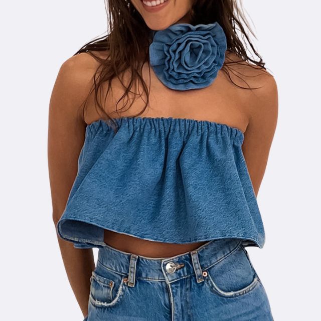 Denim bandeau top met gebloemde choker