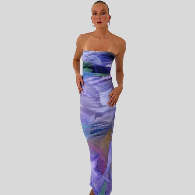 Strapless maxi-jurk met aquarelprint