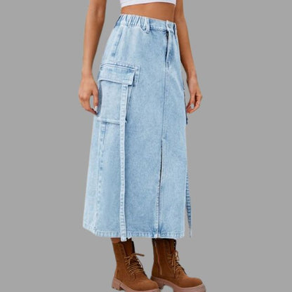 Denim rok met hoge taille en split