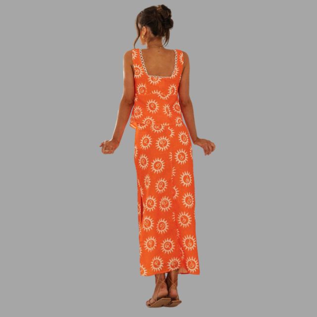 Boho chic maxi jurk en topje met zonnestralen print