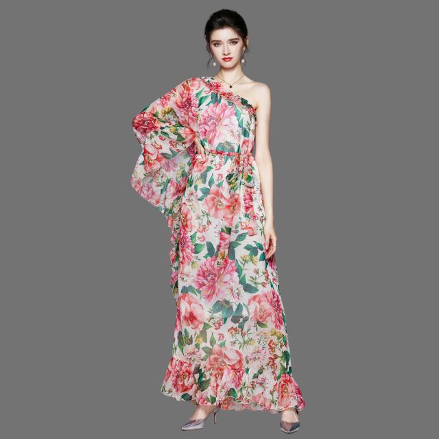 Gebloemde off-the-shoulder maxi-jurk met elastiek in de taille