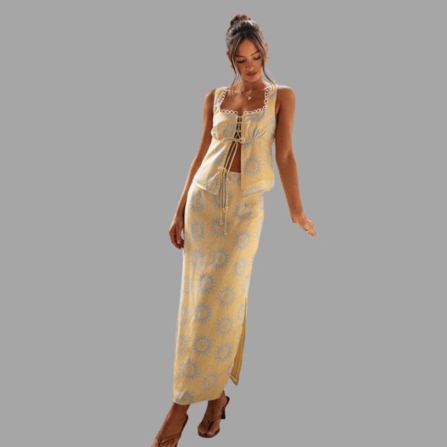 Boho chic maxi jurk en topje met zonnestralen print