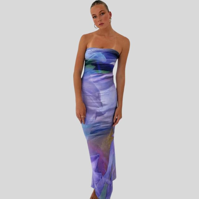 Strapless maxi-jurk met aquarelprint