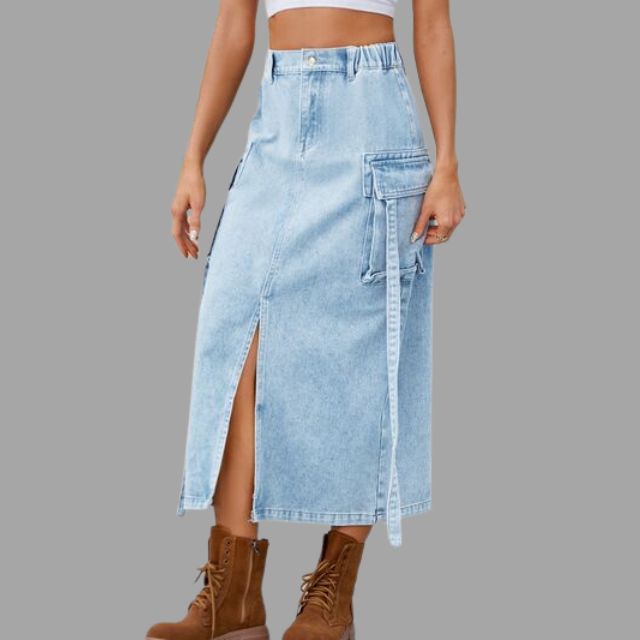 Denim rok met hoge taille en split