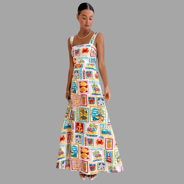 Mouwloze A-lijn jurk met tropische print