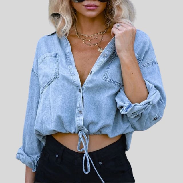 Denim blouse met stropdas aan de voorkant