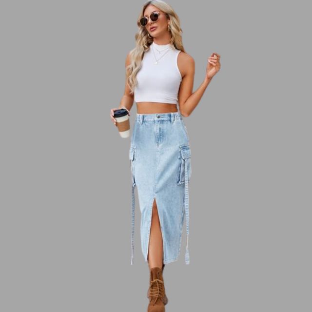 Denim rok met hoge taille en split