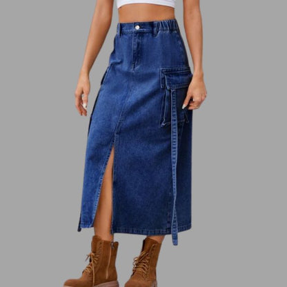 Denim rok met hoge taille en split