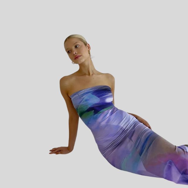 Strapless maxi-jurk met aquarelprint