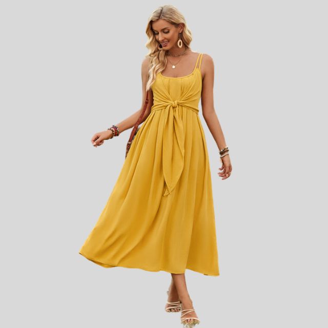 Mouwloze midi-jurk met knoopdetail aan de voorkant