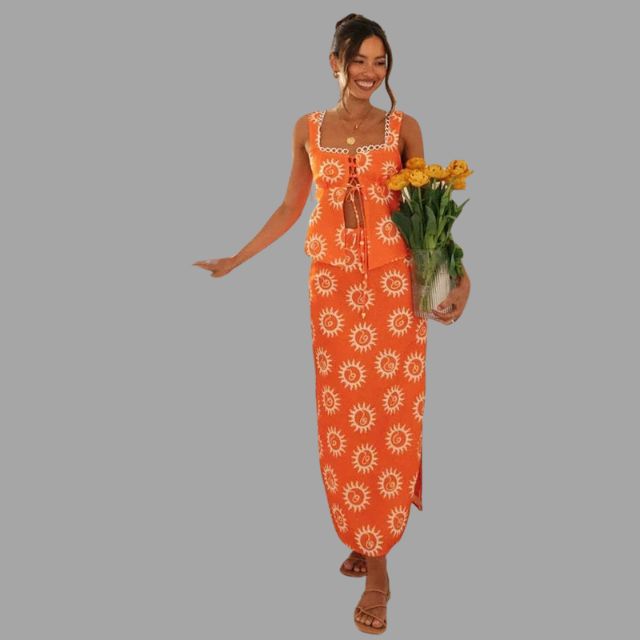 Boho chic maxi jurk en topje met zonnestralen print