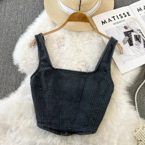 Denim crop top met vierkante halslijn