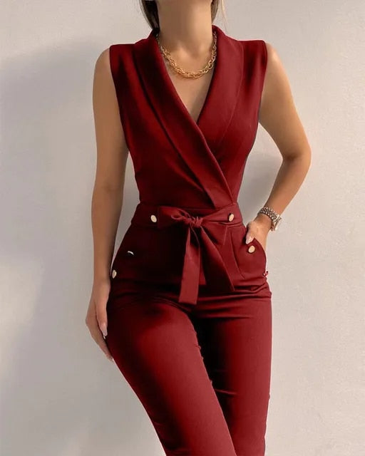 Mouwloze jumpsuit in effen kleur met V-hals en vetersluiting