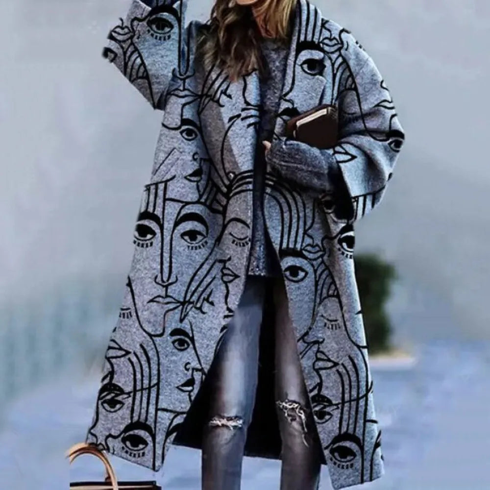 Trenchcoat met abstracte print en brede revers