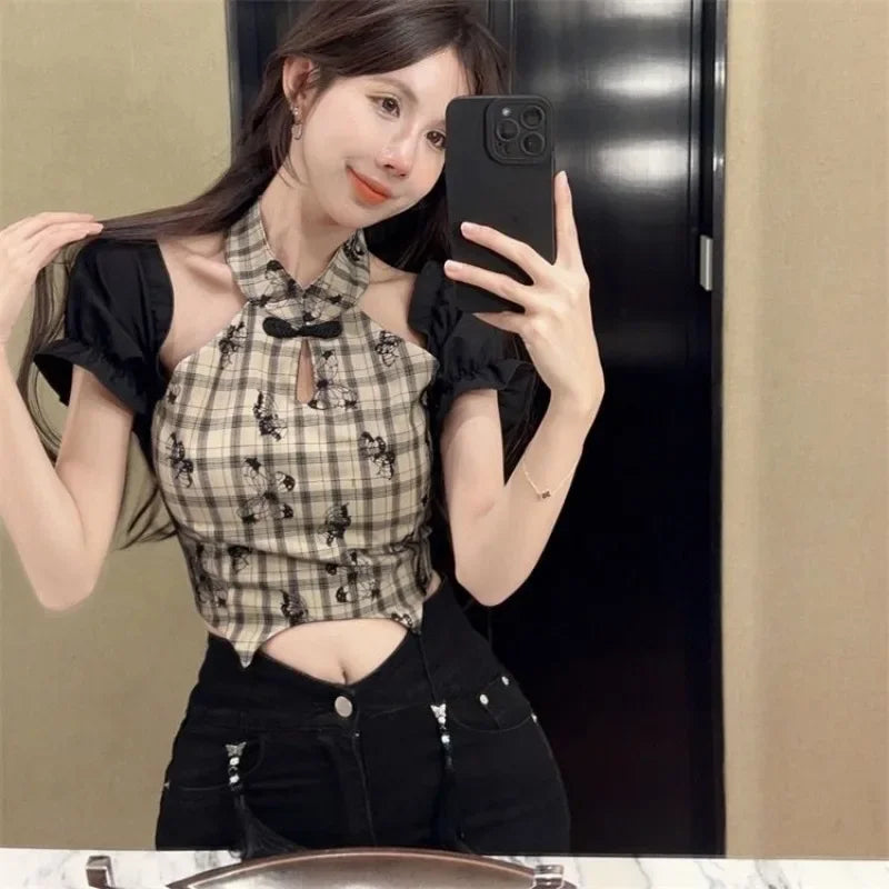 Elegante blouse in een vintage ruitpatroon met een Chinese kraag