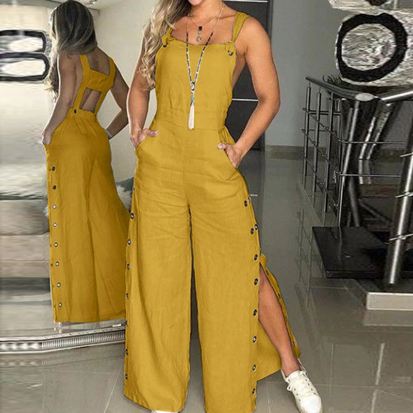 Zomerse jumpsuit met mouwloze gedraaide knopen en zakken