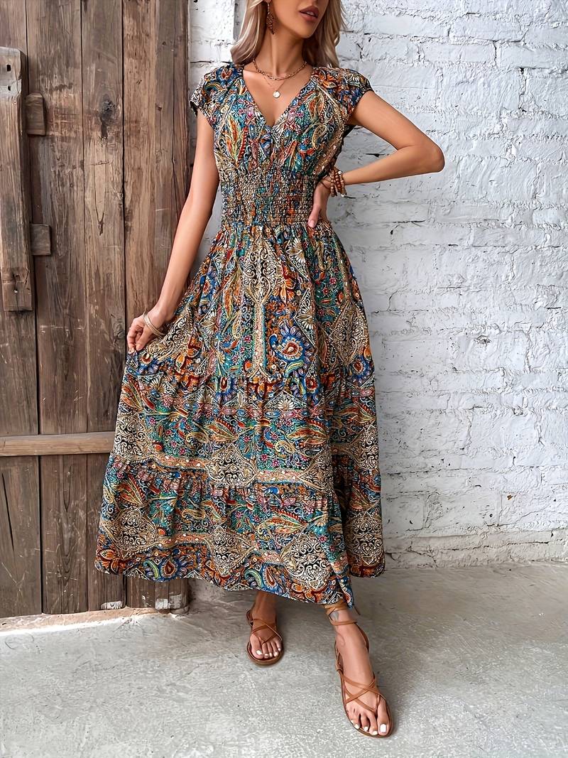 Lange jurk met paisley-detail met ruches