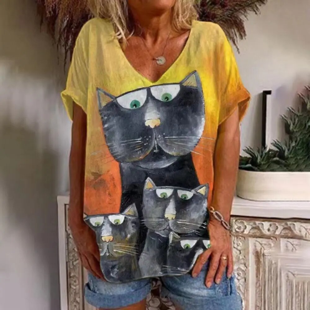 Dames-T-shirt met V-hals en losse pasvorm Cat Graphic