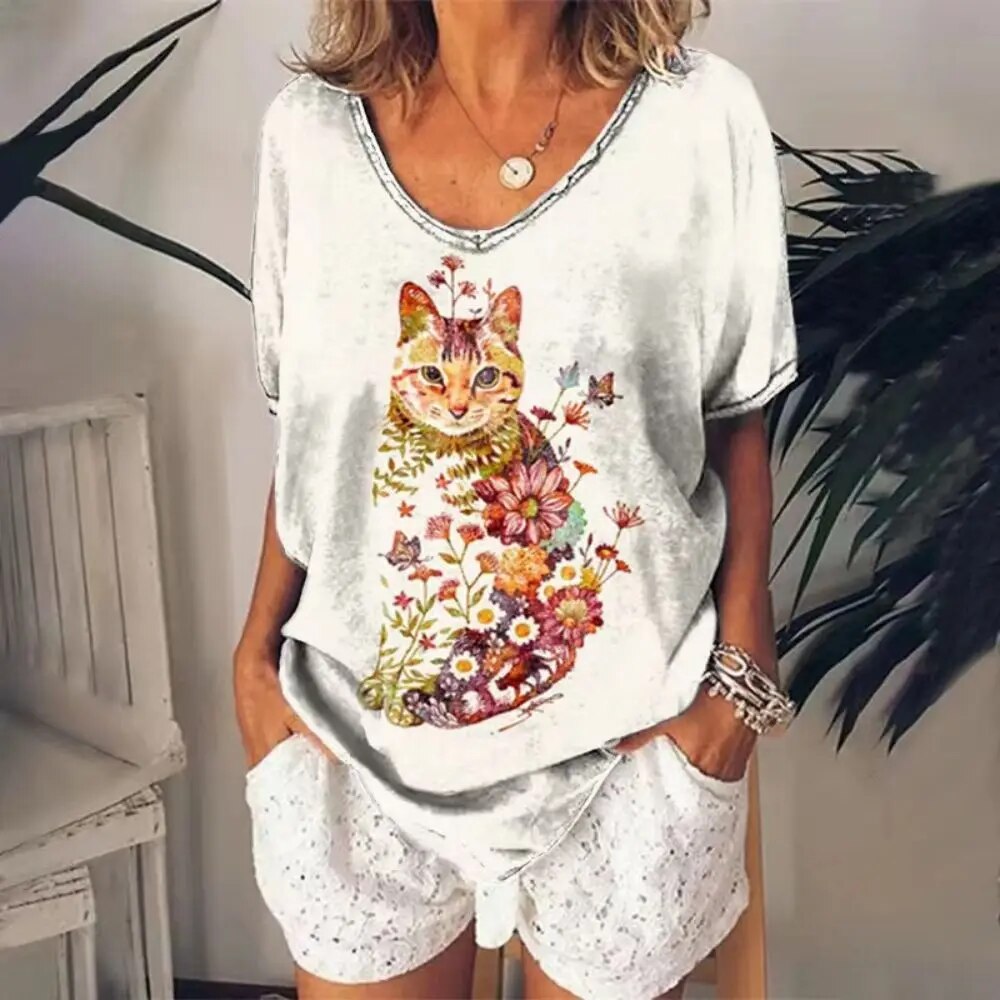 Dames-T-shirt met V-hals en losse pasvorm Cat Graphic