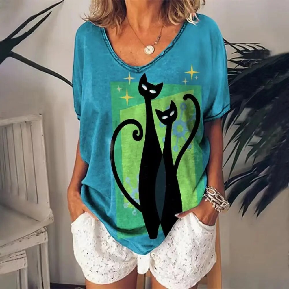 Dames-T-shirt met V-hals en losse pasvorm Cat Graphic