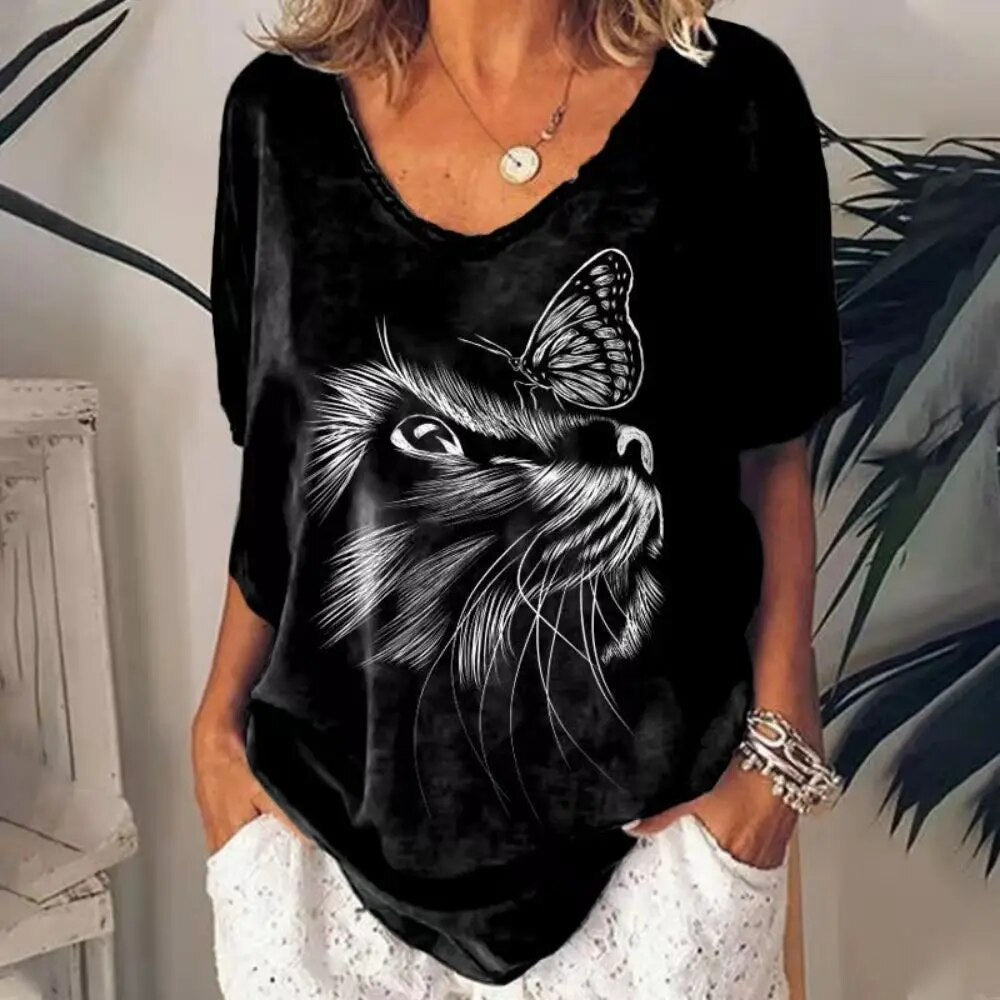 Dames-T-shirt met V-hals en losse pasvorm Cat Graphic