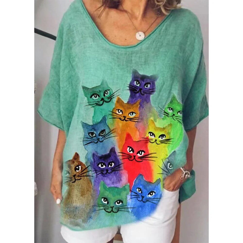 Dames-T-shirt met V-hals en losse pasvorm Cat Graphic