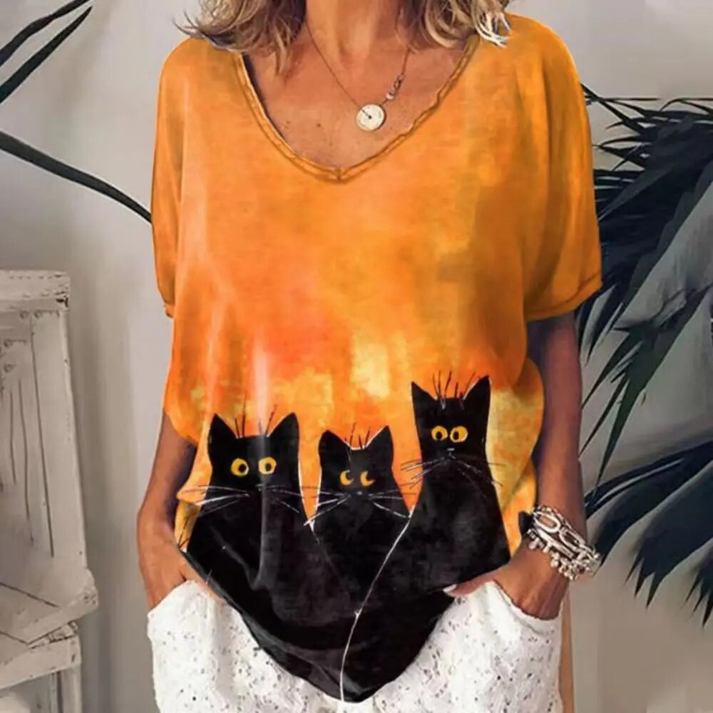 Dames-T-shirt met V-hals en losse pasvorm Cat Graphic