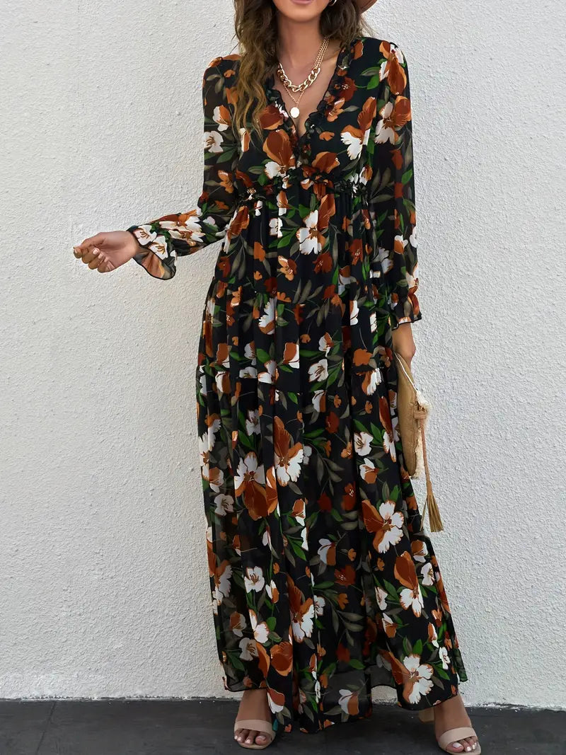 Vakantie Maxi Dress met V-hals en lange mouwen met bloemenprint