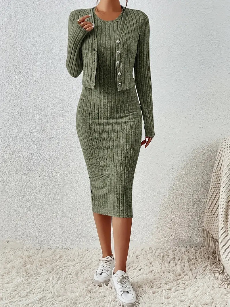 Vest met knopen op één rij en mouwloze bodycon jurk