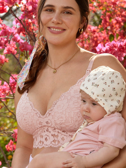 Voedingsbeha van kant met extra bedekking – bralette met diepe V-hals – Zacht roze
